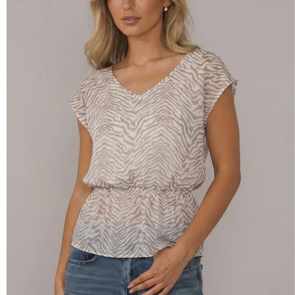 Express Y2K Mobwife Elastic Waist Cream Animal Print Layer Top Size Small